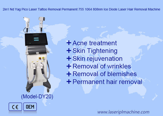 2in1 Nd Yag Pico Laser Pembuangan Tato Permanen 755 1064 808nm Ice Diode Laser Hair Removal Machine